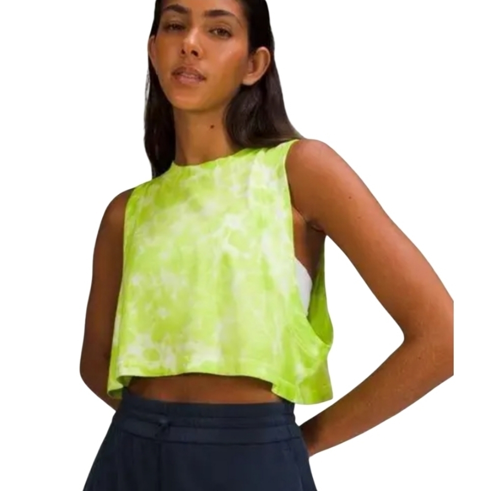 Lululemon All Yours Cropped Tank Neon Yellow and White Size 6